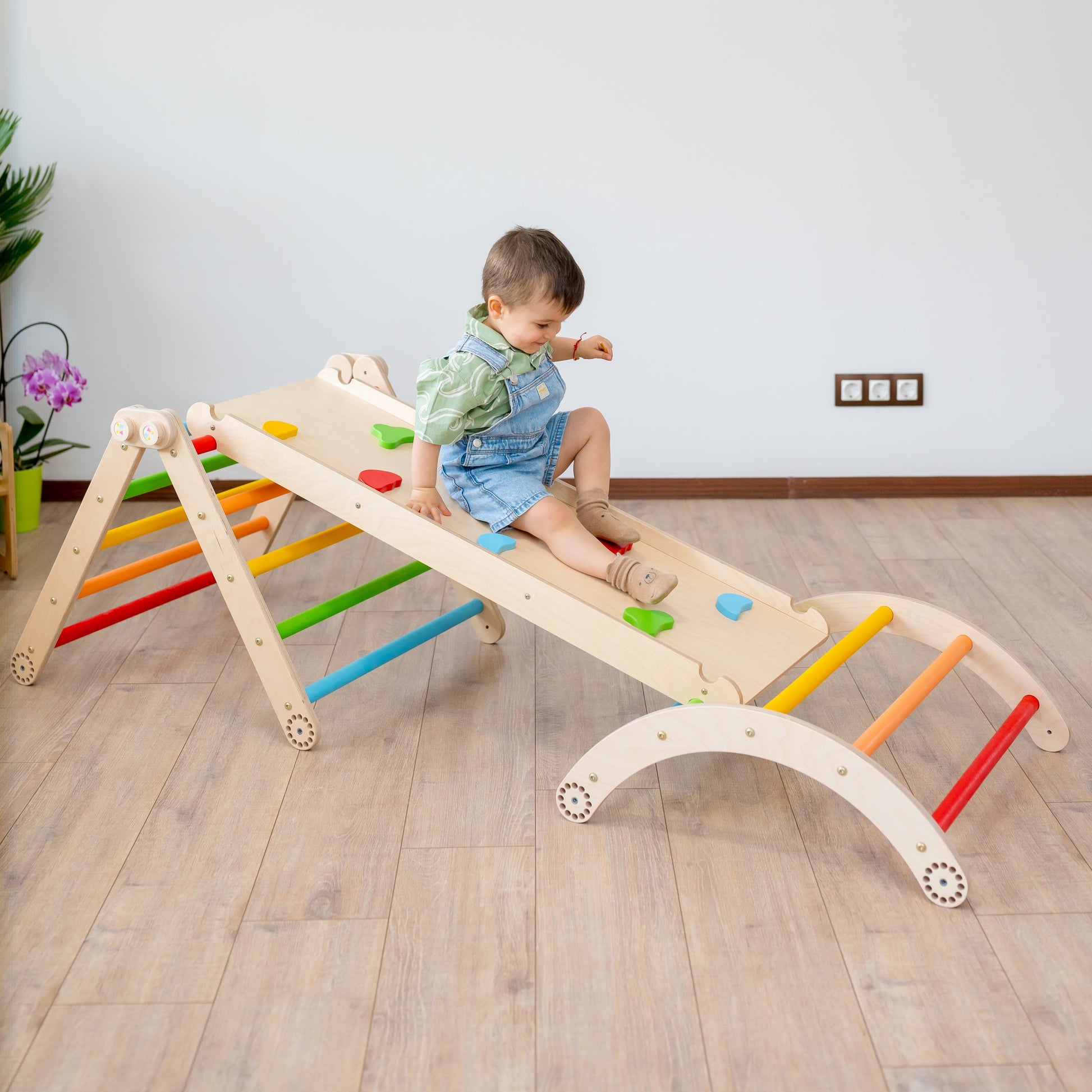 3in1 Montessori Klettergerüst Indoor Set: Kletterdreieck mit Rutsche + Kletterbogen für Kinder 1-6 Jahre